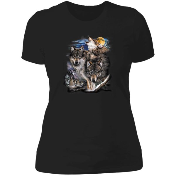 howling wolves in full moon lady t-shirt