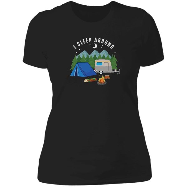 i sleep around outdoor camping adventure campfire s lady t-shirt