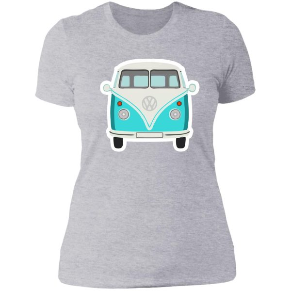 light blue camper van sticker lady t-shirt