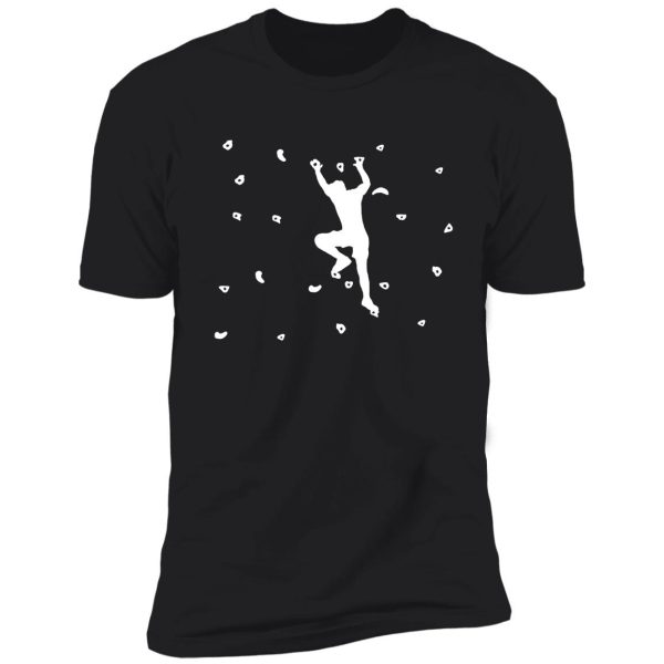 mann climbing or bouldering on climbing wall shirt