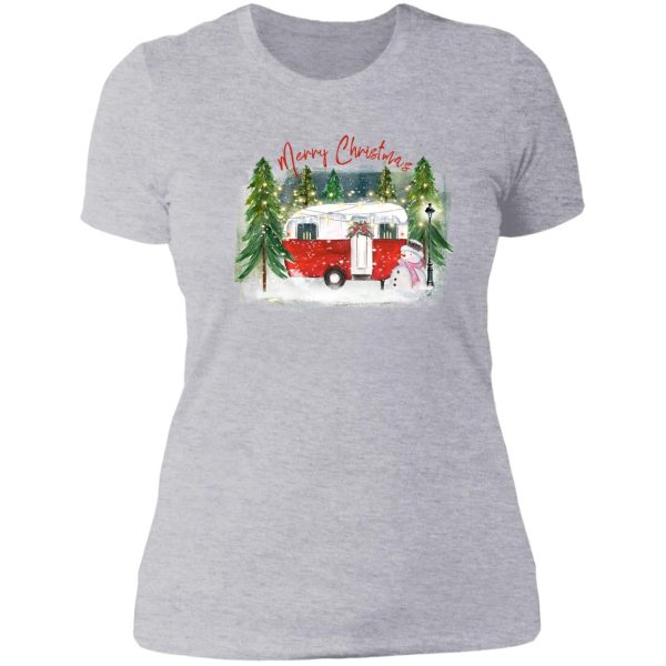 merry christmas red vintage camper trailer shabby retro camper lady t-shirt