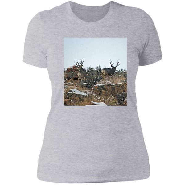 mule deer bucks first snow lady t-shirt