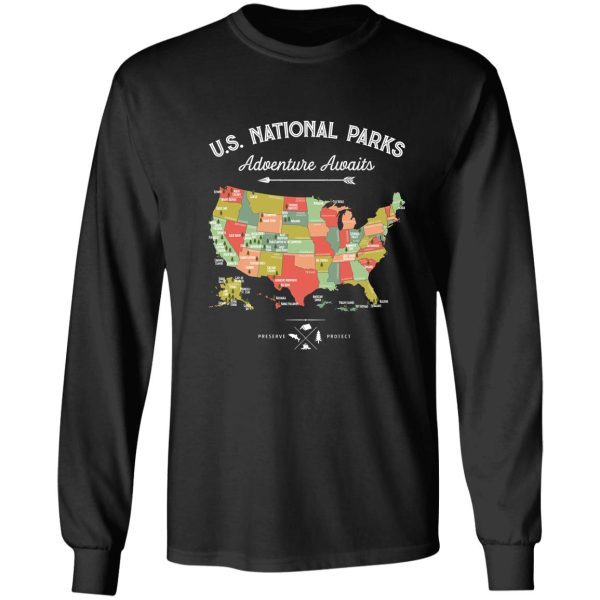 national park map vintage t shirt - all 59 national parks long sleeve