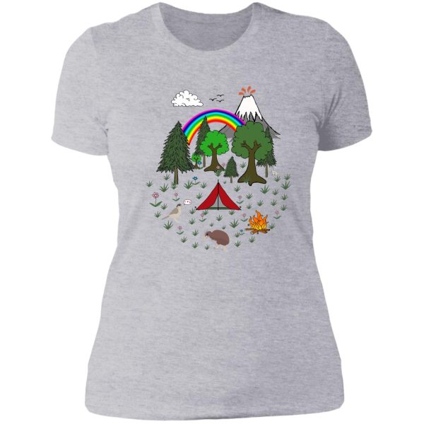 new zealand camping scene with kiwi lady t-shirt