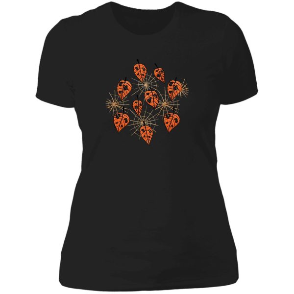 orange leaves with holes and spiderwebs lady t-shirt