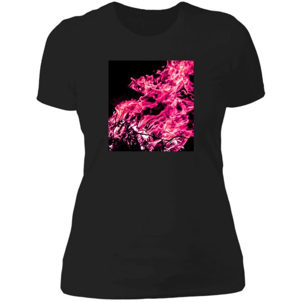 pink fire flames on a black background lady t-shirt