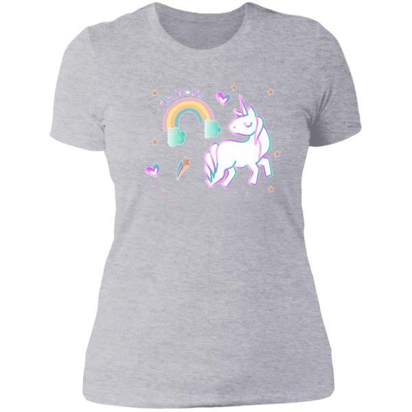 pink unicorn design with stars and rainbow lady t-shirt