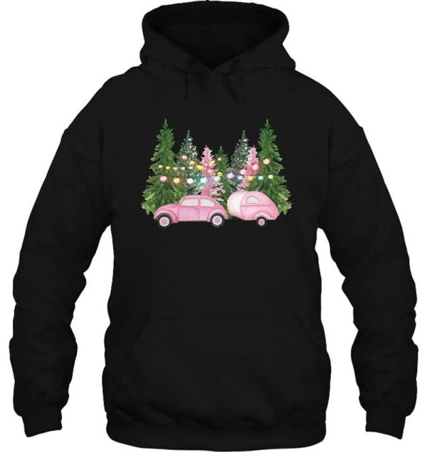 pink vintage car with camper trailer pink retro car pink shabby christmas hoodie