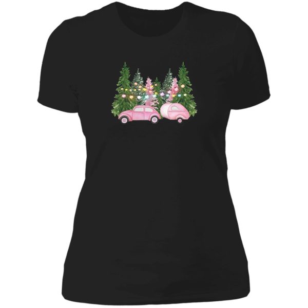 pink vintage car with camper trailer pink retro car pink shabby christmas lady t-shirt