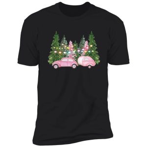 pink vintage car with camper trailer pink retro car pink shabby christmas shirt