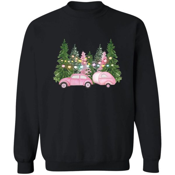 pink vintage car with camper trailer pink retro car pink shabby christmas sweatshirt