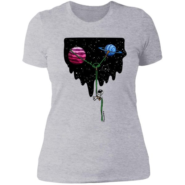 repelling from the galaxy rock climbing lady t-shirt
