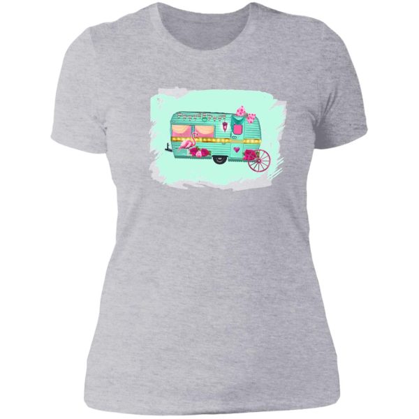 retro turquoise vintage camper lady t-shirt