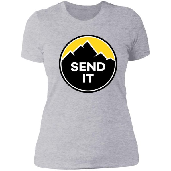 send it - rock climbing mountain inspirational design - yellow lady t-shirt