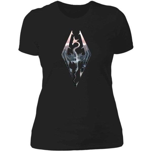 skyrim logo with mountain background lady t-shirt