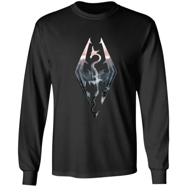 skyrim logo with mountain background long sleeve