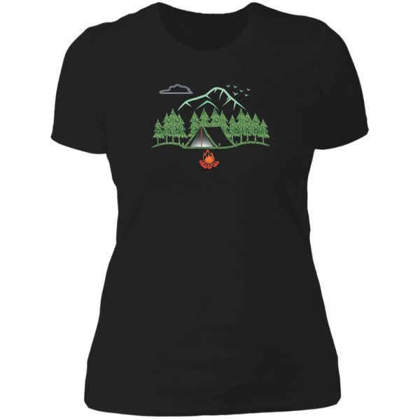 tent in the trees & mountains lady t-shirt
