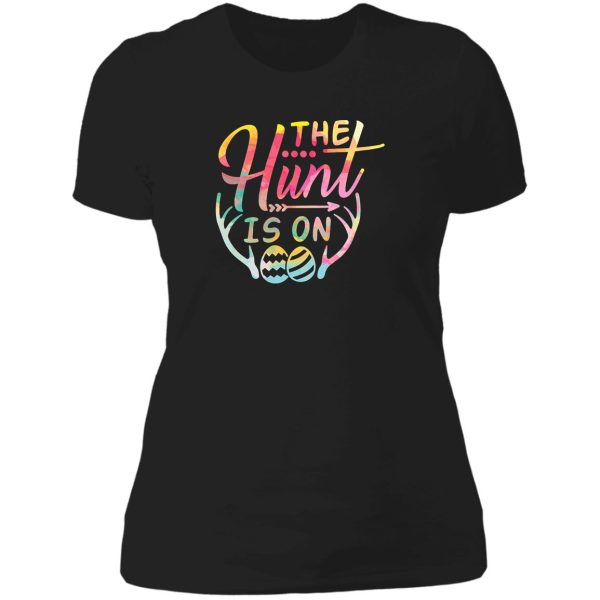 the hunt is on cute colored egg hunt lady t-shirt