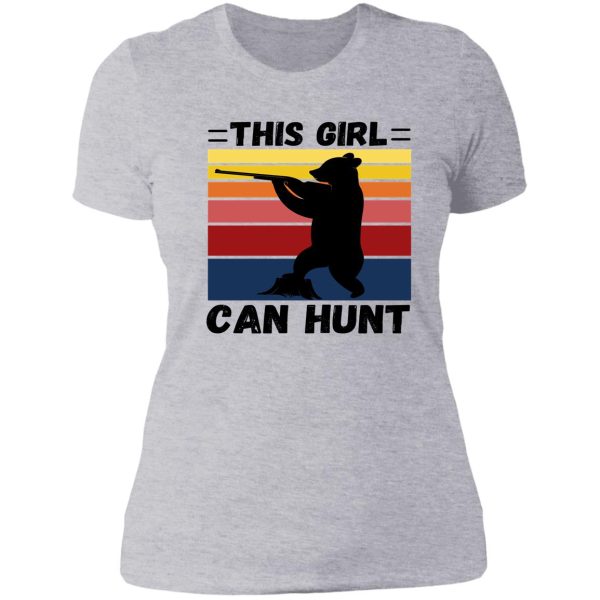 this girl can hunt - girls hunt too funny custom retro sunset bear girl hunter lady t-shirt