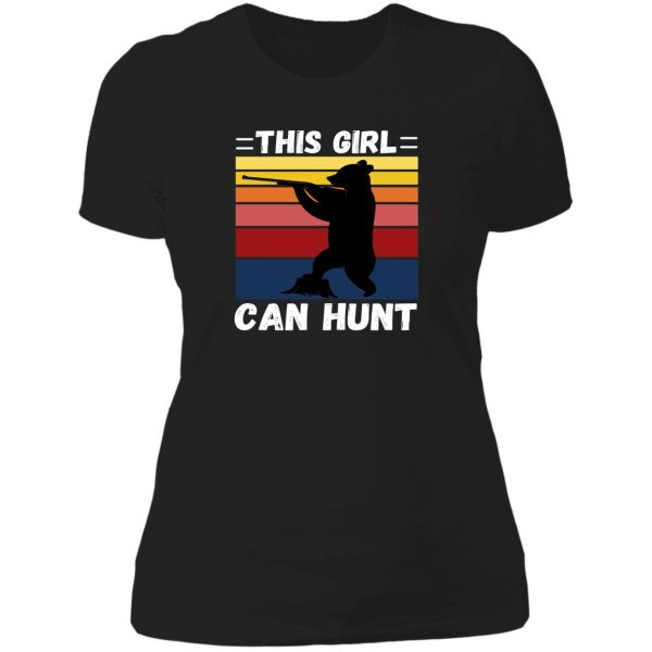this girl can hunt - girls hunt too funny custom retro sunset bear girl hunter lady t-shirt