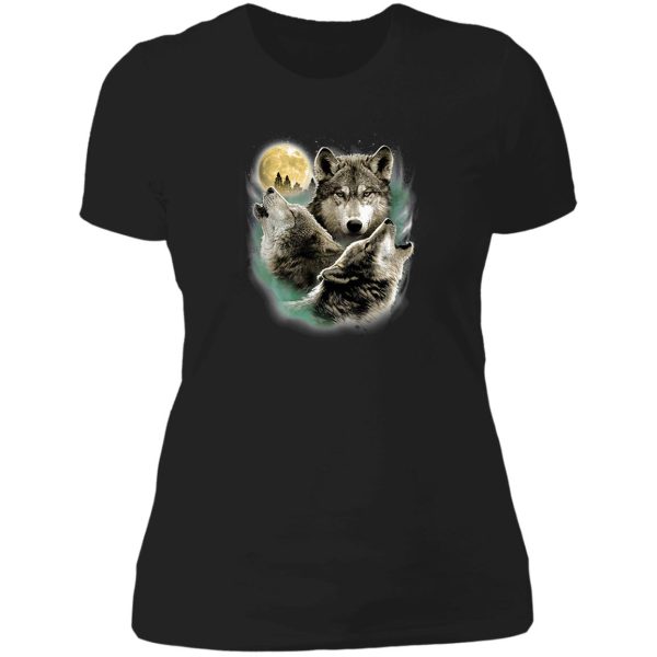 three wolves howling in moonlight lady t-shirt