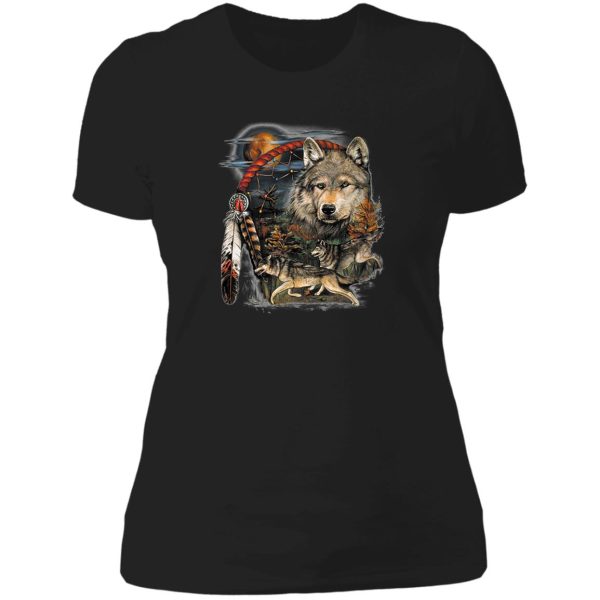 three wolves hunting in moonlight lady t-shirt