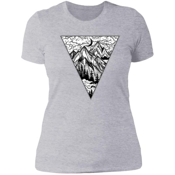 triangle frame artwork with wilderness landscape scene with a lake road pine forest and mountains lady t-shirt