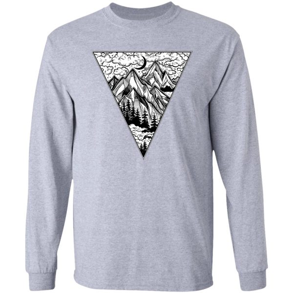 triangle frame artwork with wilderness landscape scene with a lake road pine forest and mountains long sleeve