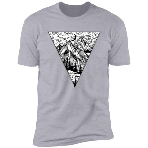 triangle frame artwork with wilderness landscape scene with a lake, road, pine forest and mountains shirt