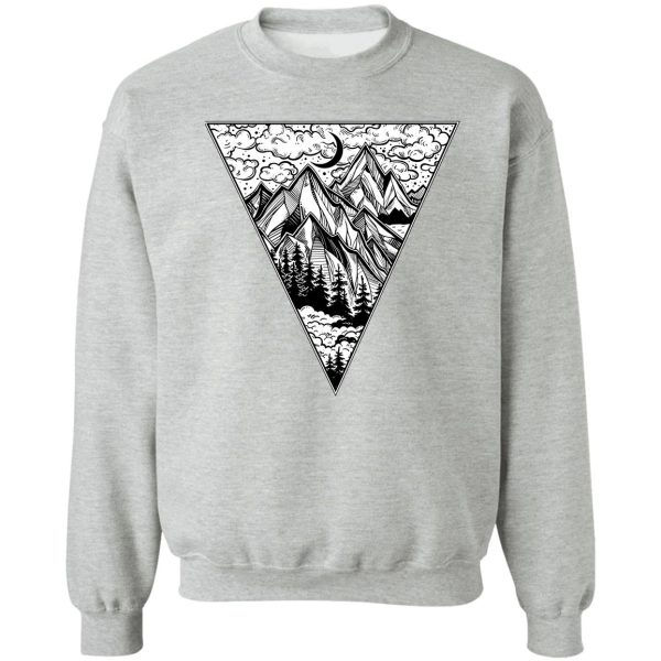 triangle frame artwork with wilderness landscape scene with a lake road pine forest and mountains sweatshirt