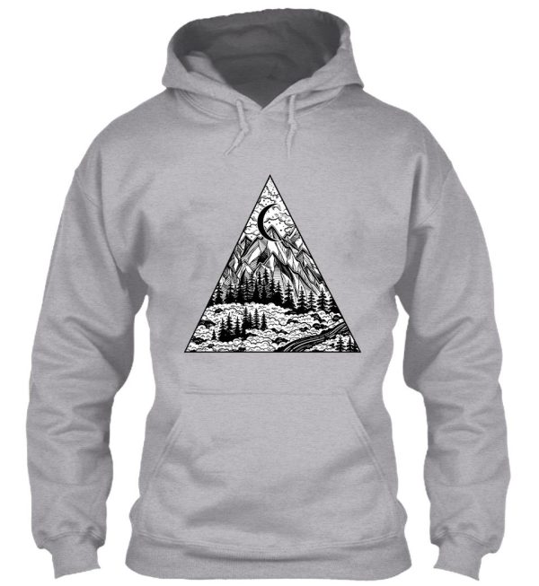 triangle frame artwork with wilderness landscape scene with a lake road pine forest and mountains. hoodie