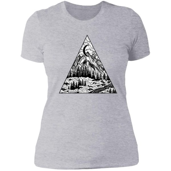triangle frame artwork with wilderness landscape scene with a lake road pine forest and mountains. lady t-shirt