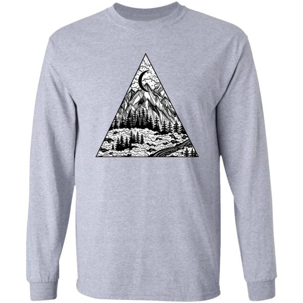 triangle frame artwork with wilderness landscape scene with a lake road pine forest and mountains. long sleeve