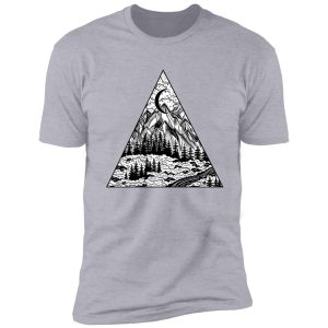 triangle frame artwork with wilderness landscape scene with a lake, road, pine forest and mountains. shirt