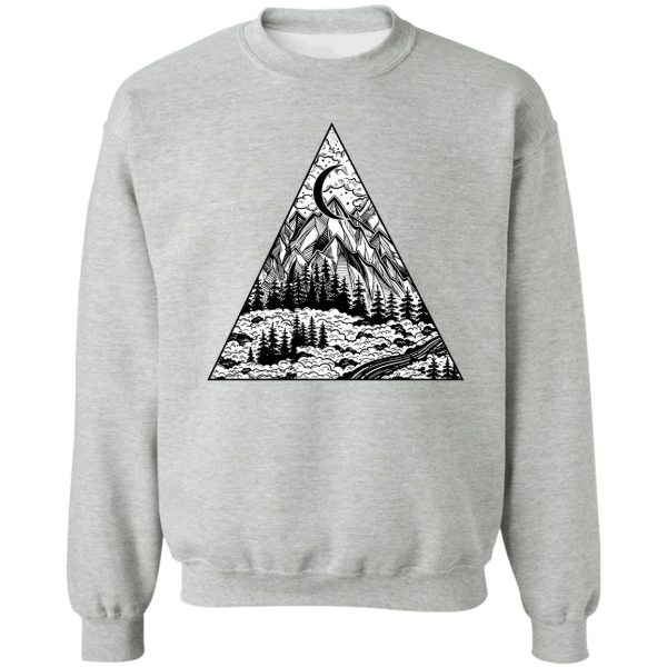triangle frame artwork with wilderness landscape scene with a lake road pine forest and mountains. sweatshirt