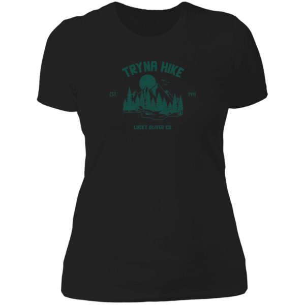 tryna hike camping mountain forest lady t-shirt