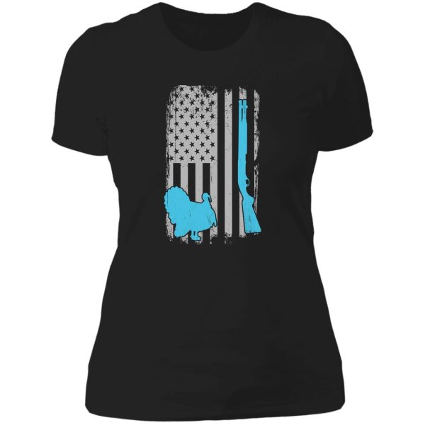 turkey hunting with a shotgun - us american flag - wild gobbler shotgunning - hunter guide outfitter gift lady t-shirt