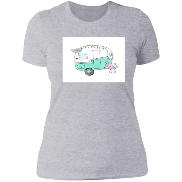 turquoise vintage camper illustration lady t-shirt
