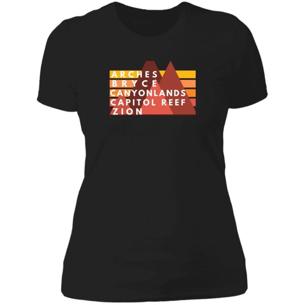 utah mighty 5 national parks arches bryce canyonlands capitol reef zion lady t-shirt