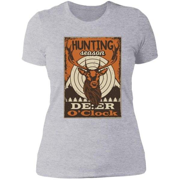 vintage poster with illustration deer hunting season is now open deer oclock fast food deer hunting lady t-shirt