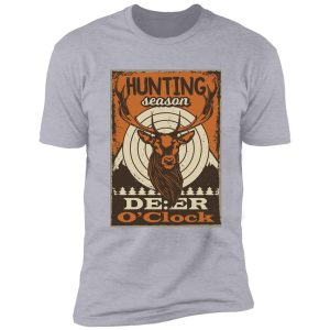 vintage poster with illustration deer hunting season is now open deer o'clock fast food deer hunting shirt