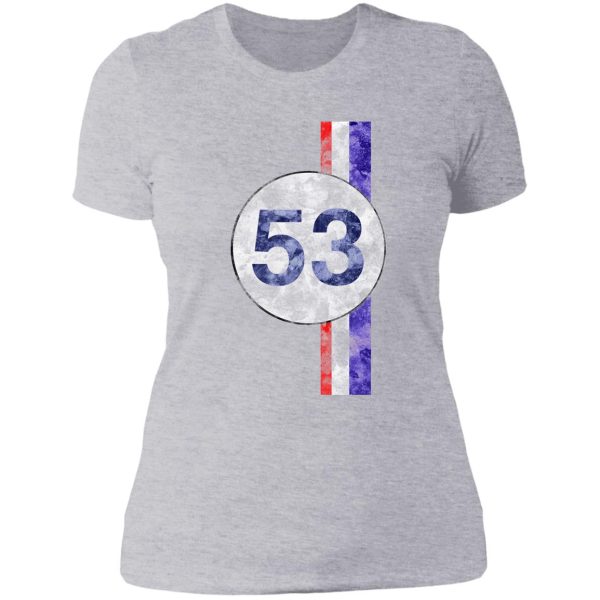 vw herbie 53 ocho racing stripes retro logo aged lady t-shirt