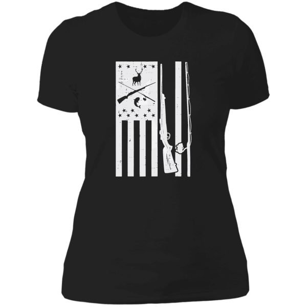 white us flag rifle fishing rod fish deer hunting patriotic lady t-shirt