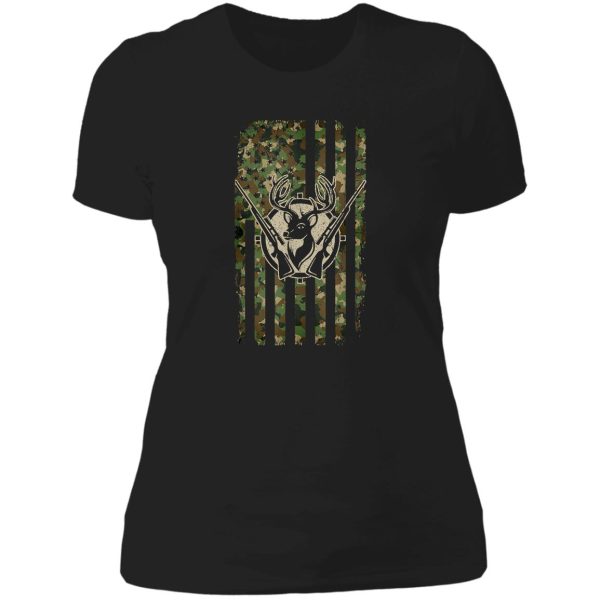 whitetail buck deer hunting american camouflage usa flag lady t-shirt