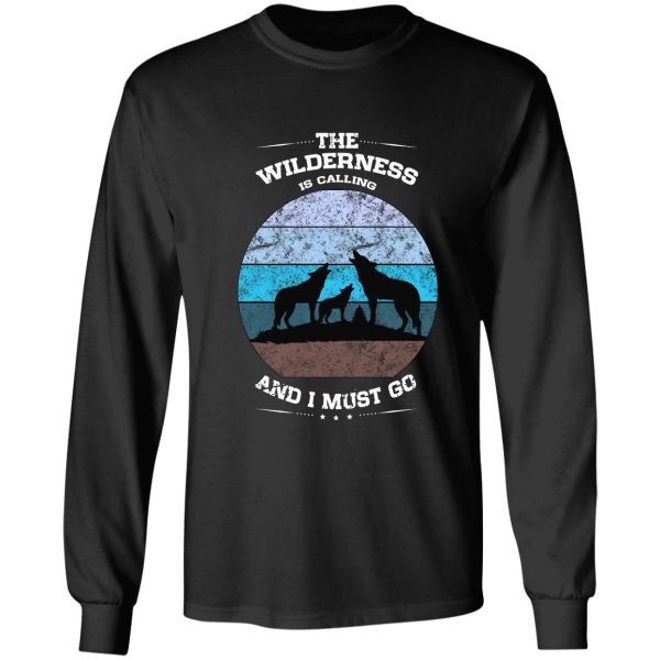 wilderness calling wolves howling distressed icy blue long sleeve