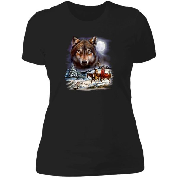 winter wolves in full moon lady t-shirt