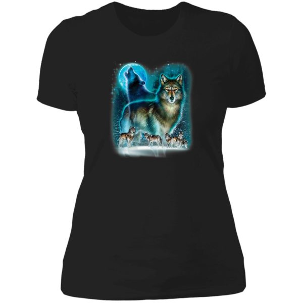 wolf howling in moonlight lady t-shirt
