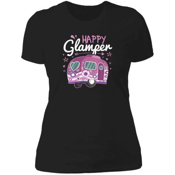 womens happy glamper caravan camping glamping gear gift v-neck lady t-shirt