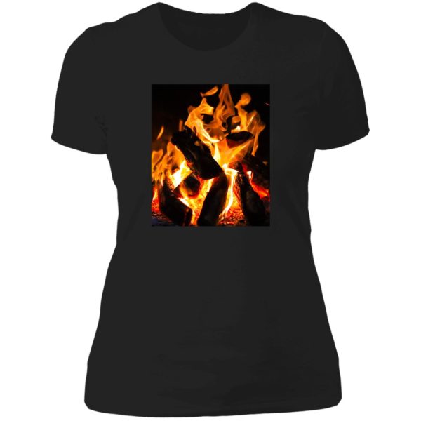 yellow orange hot fire wood burning campfire flames lady t-shirt