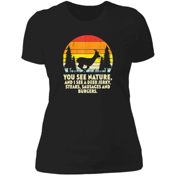 you see nature deer sunset retro bow hunting hunter dad lady t-shirt